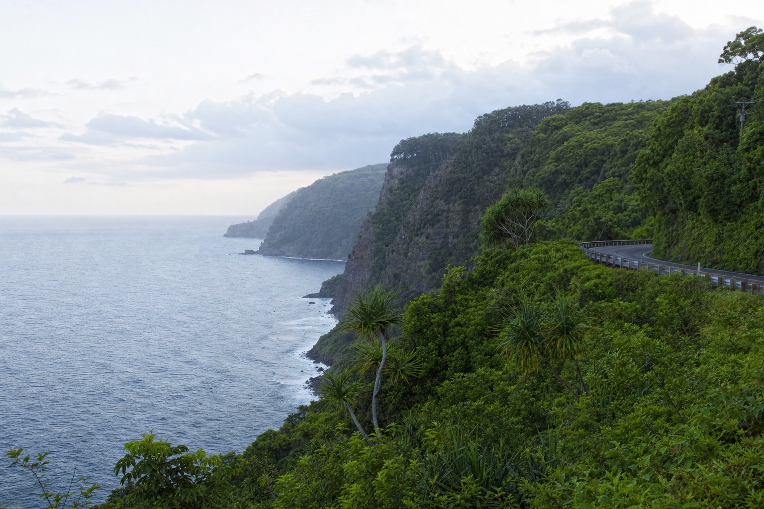 Highway 19 curving along the green Hamakua Coast cliffs above the Pacific north of Hilo