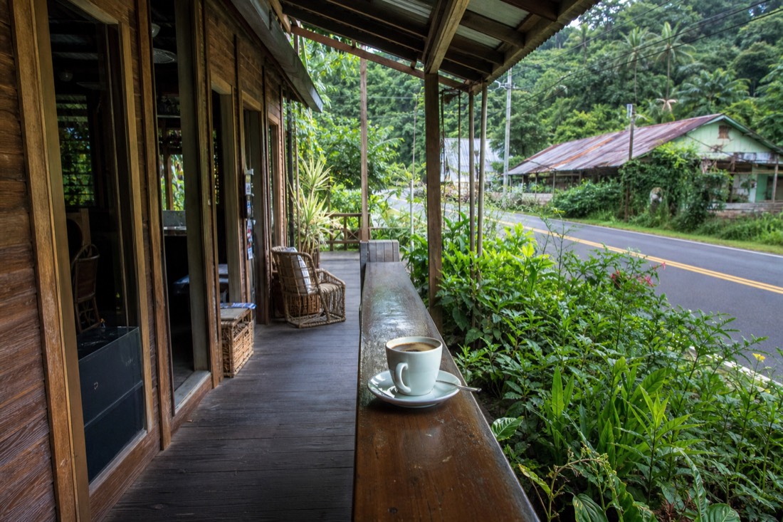 Morning coffee stop at a wooden storefront in Honomu town after visiting Akaka Falls