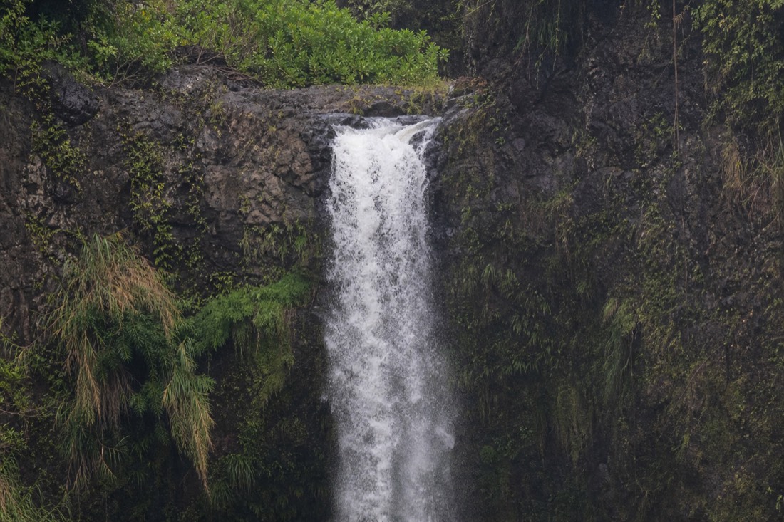 The upper drop of ʻAkaka Falls pouring over dark basalt into the gorge